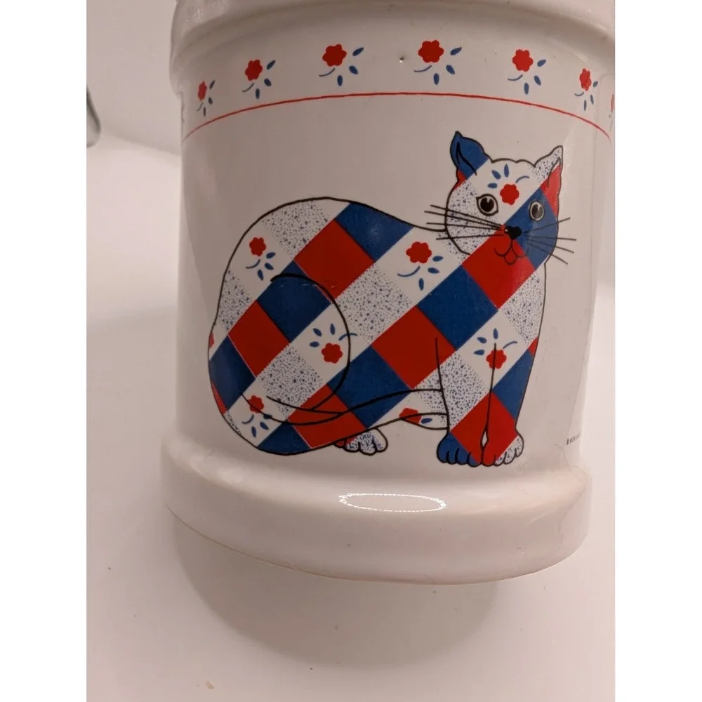 M Kamenstein Ceramic Milk Can Calico Cat Crock Patchwork Vase VTG 83
